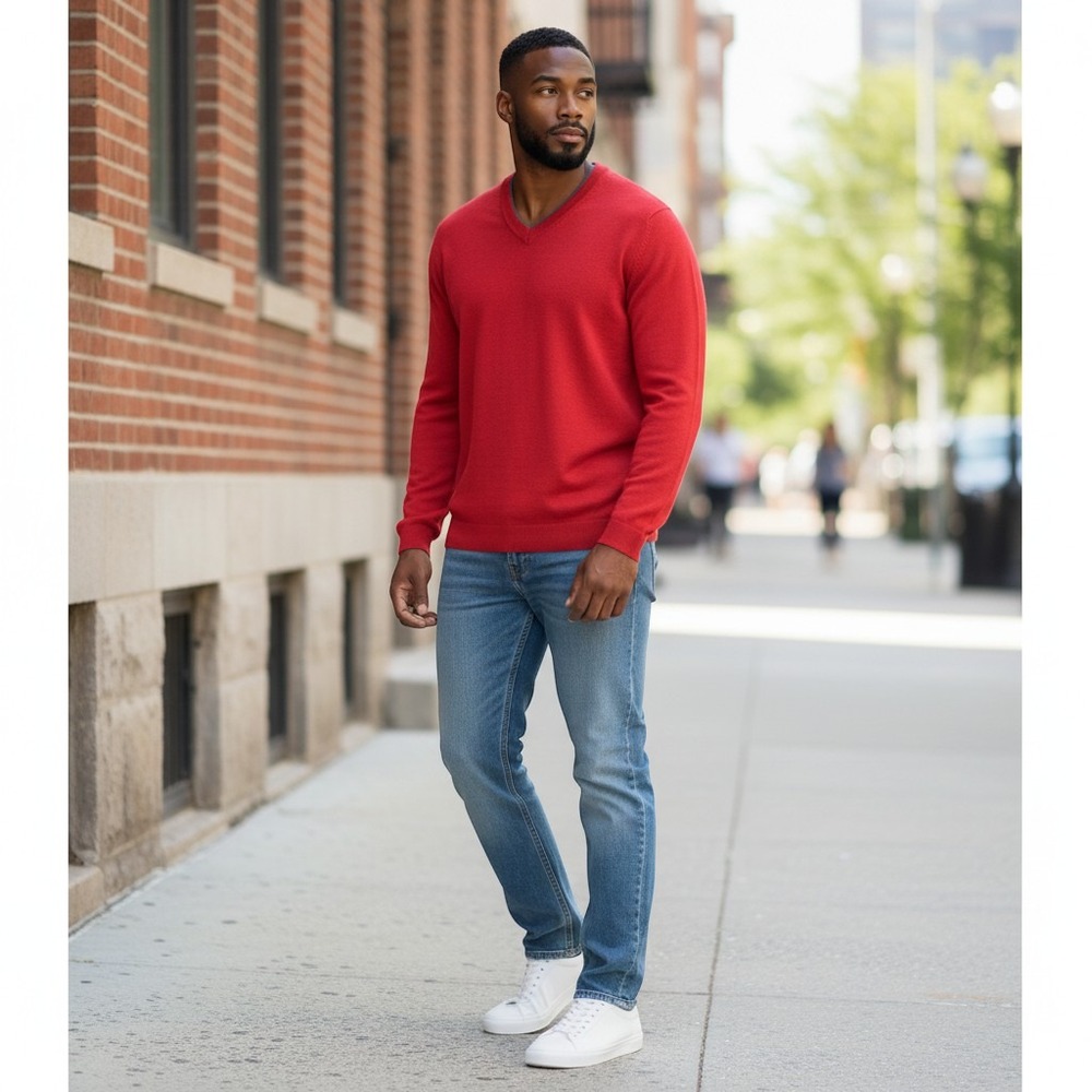 Jos A. Bank Merino Wool Sweater Men Sz XL Tight Knit V Neck Casual Workwear Redv